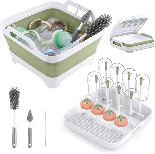 Collapsible Wash Basin for Baby Bottles with Drying Rack – 2.4 Gallon Foldable Dish Tub with Handles, Portable RV Camping Sink & Space-Saving Wash Bin with Lid for Kitchen, Travel & Outdoor, Green