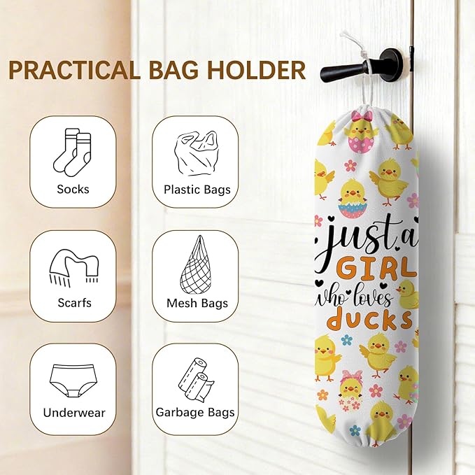 Plastic Bag Holder Dispenser, Duck Plastic Grocery Bag Organizer & Wall Mount Paper Trash Bags Saver Storage for Kitchen Home Pantry Decor Just A Girl Who Loves Ducks Decor