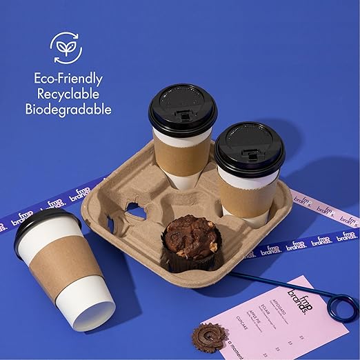 FMP Brands 4 Cup Disposable Drink Carrier Trays, 45 Pack Compostable Pulp Fiber Cup Holder for 8-32 oz Cups, Durable To Go Coffee Cup Holders for Delivery Service, Uber Eats