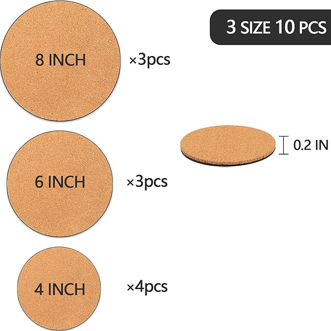 Venyat 10 Pieces 3 Sizes Cork Plant Coasters, 4/6/8 Inch Cork Plant Mats, Cork Coaster for Planters, Plant Coasters for House Plants Indoors (Nude & Black)