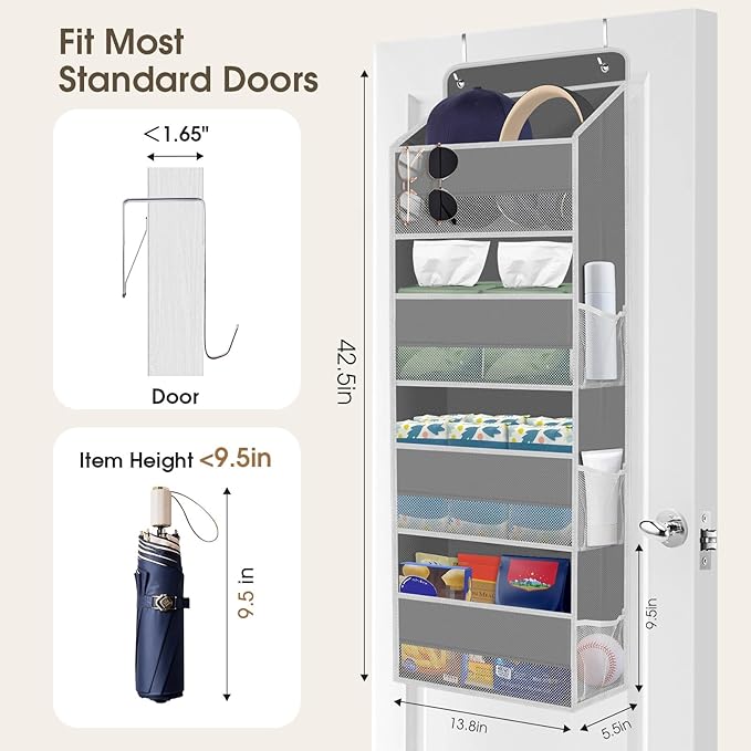 1 Pack Over The Door Organizer, Hanging Storage Organizer with Clear Window, 40lb Ultra Sturdy Large Capacity Room Organizer for Pantry Laundry Bathroom Nursery Closet Baby Essential (Grey)