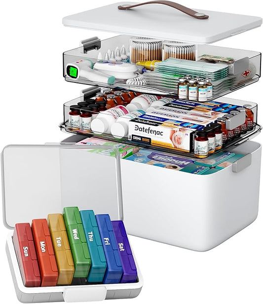 CTIME 3-Tier Medicine Organizer with Pill Case - Portable Pill Case & Empty First Aid Kit for Home, Travel, RV, School, Dorm, Ideal Elderly, Father Gift