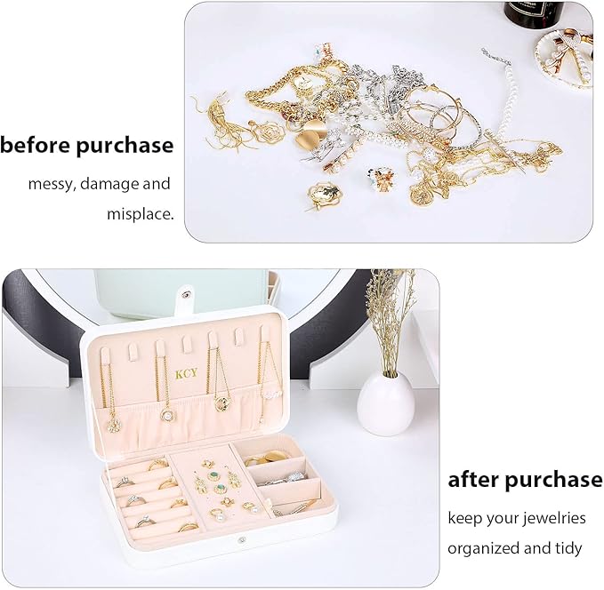 KCY Jewelry Box for Women Girls, Small Travel Jewelry Organizer Case, PU Leather Portable Jewelry Storage Boxes Display Holder for Ring Earrings Necklace Bracelet Bangle, Men Teen Kids Gift, White