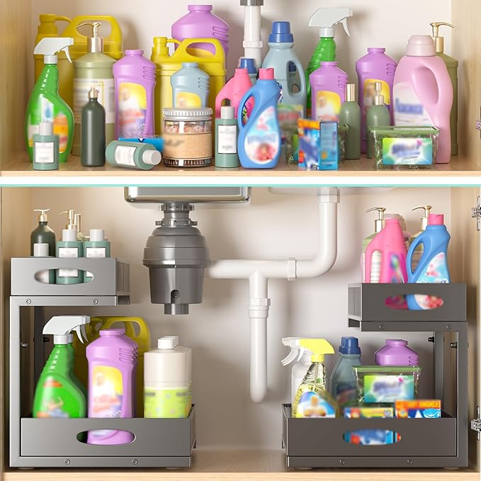 Beleeb Under Sink Organizer, Extra-Wide Upgrade, 2-Pack of 2-Tier Metal Slide Out Cabinet Organizer, Height Adjustable Organization and Storage Series, Bathroom/Cabinet/Kitchen Organization, Black