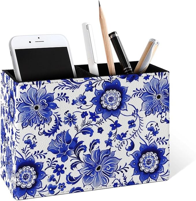 Famame Porcelain Blue Flowers Pencil Holder for Desk, Leather Desktop Container Pen Cup Storage Study Table Pen Organizer Makeup Brush Holder for Classroom Office Home