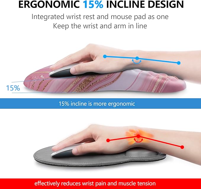 Mouse Pad Wrist Support, Laokiiy 2-in-1 Keyboard Wrist Rest + Ergonomic Mouse Pad, Non-Slip Wrist Rest for Computer Keyboard, Makes Typing Easy & Relieves Wrist Pain (Rose Gold Pink Marble)