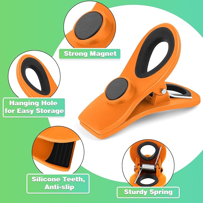 VNDUEEY 12 Pack Magnetic Chip Clips for Food Packages, Plastic Bag Clips with Magnet for Refrigerator - Orange