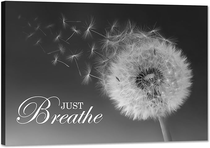 SKASNFAI Just Breathe Wall Art Zen Office Wall Decor Inspirational Yoga Quotes Positive Relax Artwork Picture Black and White Dandelion Posters Print for Meditation Room (20L x 30W)