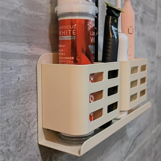 Aluminum Toothbrush Holder, Self-Adhesive Wall Mount Bathroom Organizer for Toothbrush, Razor, Comb & Toothpaste. (Cream White