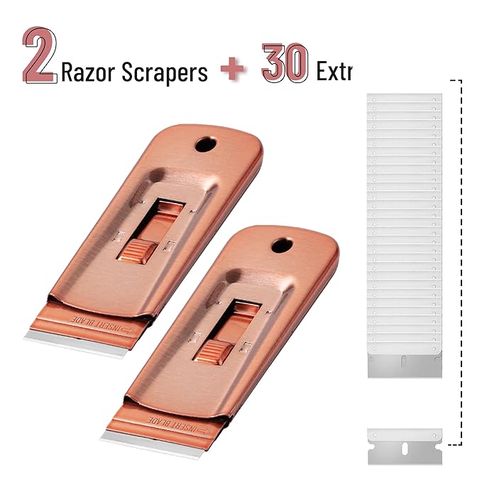 Bates- Metal Razor Blade Scraper Tool, 2 Pack, 30 Extra Blades, Rose Gold, Heavy-Duty Cleaning Razor Scraper Tool
