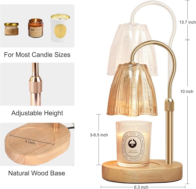 Candle Warmer Lamp with Timer & Dimmer, Candle Warmer Height Adjustable, Fits All Jar Scented Candles, Candle Lamp with 3 Bulbs, Charming Gift Box with Ribbon for Gifting