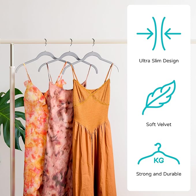 Premium Velvet Shirt Hangers 30 Pack, Space-Saving Non-Slip Felt Hanger with 360° Swivel Hook, Slim Flocked Hangers for Strappy Dresses, Blouses, Tank Tops (Grey)