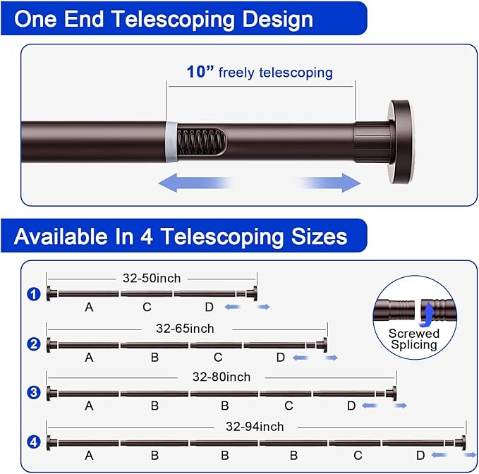 Ausemku Shower Curtain Rod 32-65 Inch Adjustable - 1 Inch Diameter Heavy Duty No Drill Spring Tension Shower Rod, Non-Slip Rustproof Telescopic Rod for Bathroom, Brown