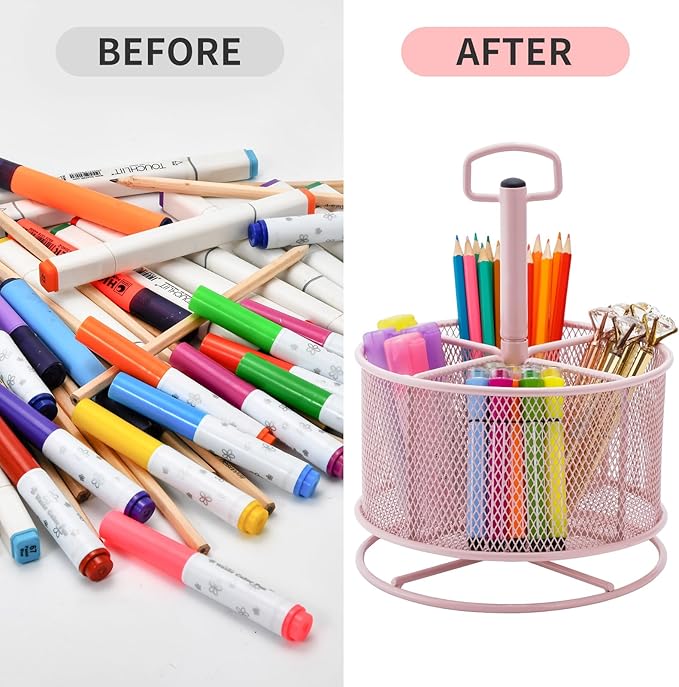Marbrasse Mesh Desk Organizer, 360-Degree Rotating Multi-Functional Pen Holder, 4 Compartments Desktop Stationery Organizer, Home Office Art Supply Storage Box Caddy (Pink)