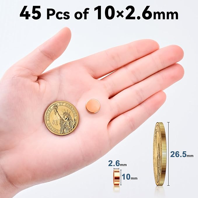 SMARTAKE 45 Pcs Refrigerator Magnets, 10x2.6mm Small Round Fridge Magnets, Multi-Use Premium Neodymium Office Magnets for Fridge, Whiteboard, Billboard in Home, Kitchen, Office and School (Rose Gold)