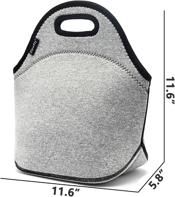 FlowFly Neoprene Kids Lunch Box Insulated Soft Bag Mini Cooler Thermal Meal Tote Kit for Boys, Girls, Men, Women, School, Work, Office, Grey