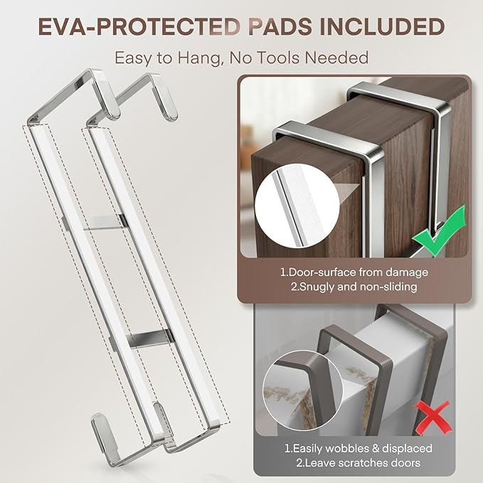 FYY 2 Packs Over The Door Hooks, Double Sided Door Hanger Hook - Heavy Duty No Drill Wall Hooks for Hanging Coats, Towels, Bags, Kitchen Closet Fits Most Doors Up to 1-7/8" Thickness (7.8" L, Silver)