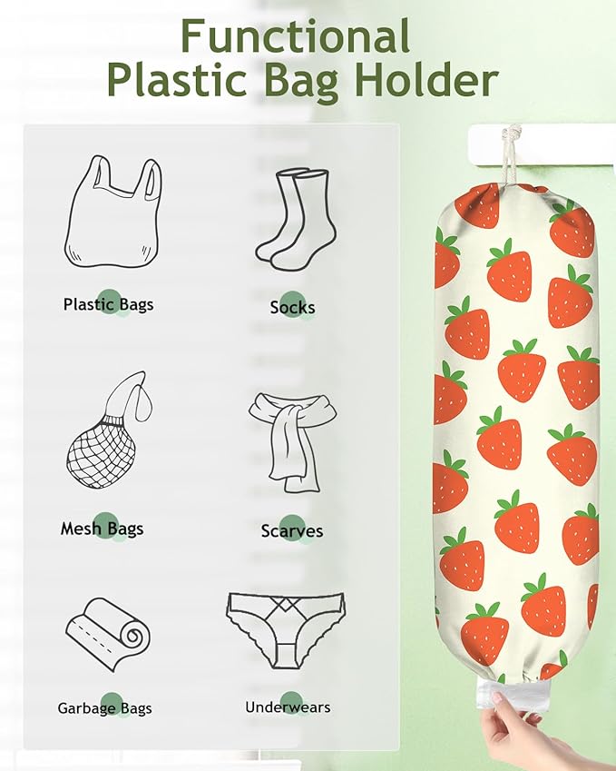 Kokaaee Plastic Bag Holder, Grocery Bag Organizer - 1 Pack Cute Kitchen Dispenser Holders Reusable Shopping Western Hanging Wall with Adjustment Drawstring Closure for Women Home, Strawberry