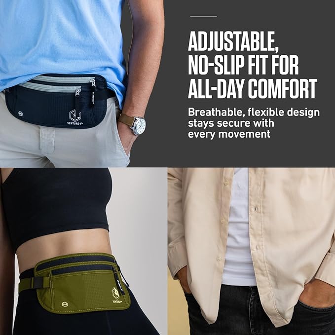 VENTURE 4TH Money Belt for Travel – Hidden Under-Clothes RFID Blocking Passport Holder & Slim Travel Wallet Pouch for Men & Women to Protect Cash, Cards & Documents (Green)
