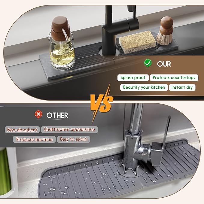 Faucet Mat for Kitchen Sink, Diatomite Quick Drying Tray, 15.8 Inch Kitchen Sink Splash Guard and Bathroom Stone Tray for Counter. Super Absorbent. Deep Grey.