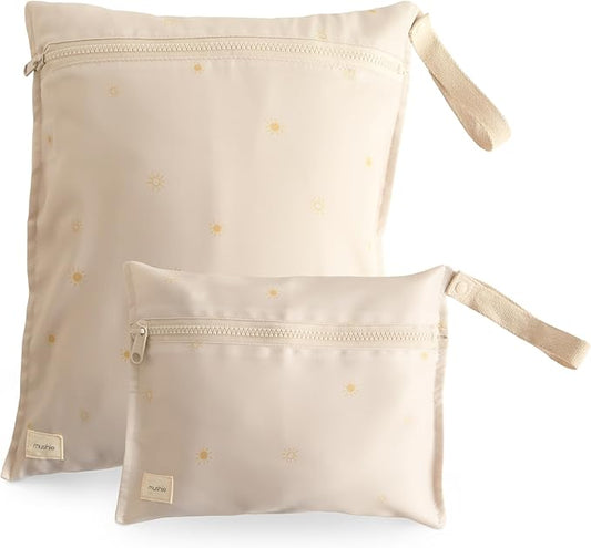 mushie Water Resistant Wet Bags | Large & Small Reusable Storage Bag for Baby Items and Travel | Zippered Pockets with Handle | Machine Washable, Set of 2 (Sun)