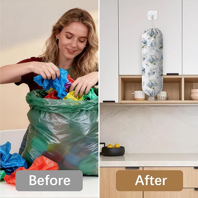 Plastic Bag Holder Dispenser, Floral Plastic Grocery Bag Organizer & Wall Mount Paper Trash Bags Saver Storage for Kitchen Home Pantry Decor, Hydrangea Floral Kitchen Decor