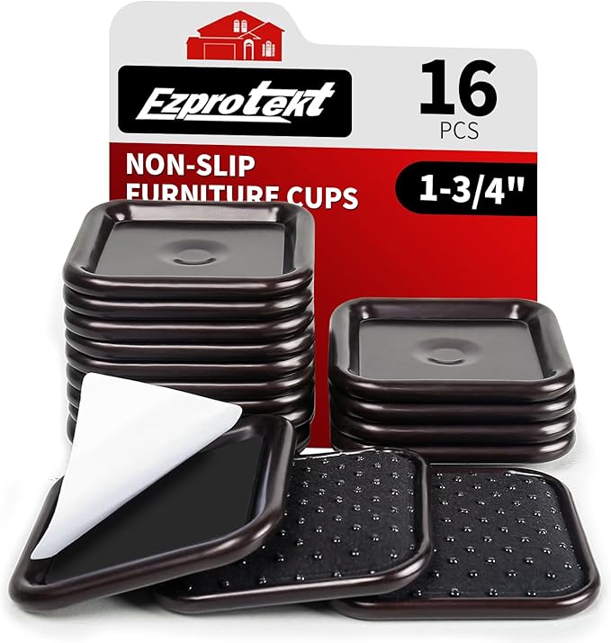 Ezprotekt 1 3/4" Non-Slip Furniture Pads, 16 Pcs Anti-Slip Furniture Caster Cups, Furniture Coasters for Hardwood Floors, Furniture Stoppers to Prevent Sliding - Prevent Floor Scratches, Brown/Black