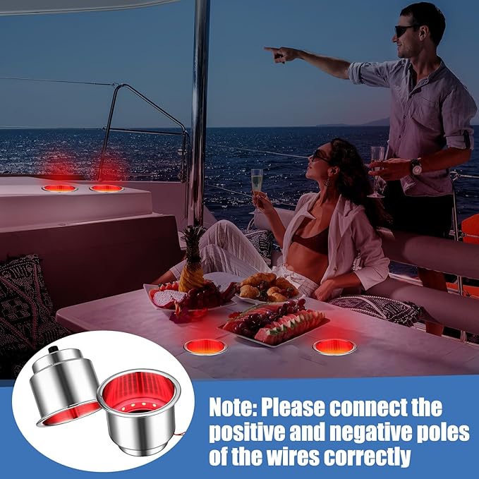 Yexiya 6 Pcs LED Cup Holder Marine Drink Holder Stainless Steel Cup Holders Insert with Drain for Boat Yacht Car Camper Truck RV(Red)