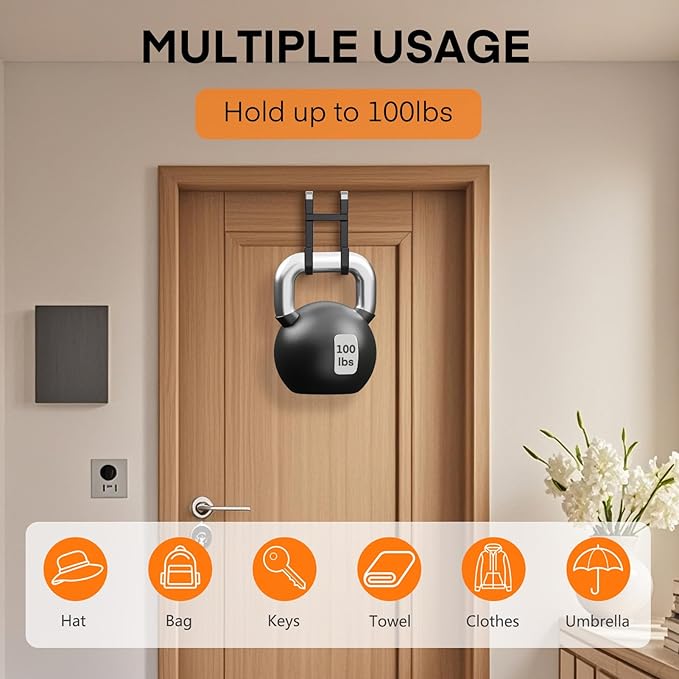 FYY Over The Door Hooks - 2 Pack Heavy Duty Dual-Hook Organizer Hanger with Non-Slip Rubber for Towels, Clothes, Hats & Bags Use in Bathroom, Bedroom, Kitchen - Fits Interior Doors Up to 1 3/8" Black