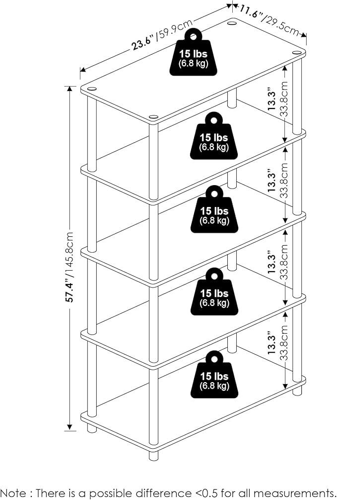 Furinno TURN-N-TUBE Storage Shelves, 5-Tier Book Shelf, Corner Shelf, Toolless Open Shelves, for Organization and Storage, Living Room, Garage, Home Office, Beech