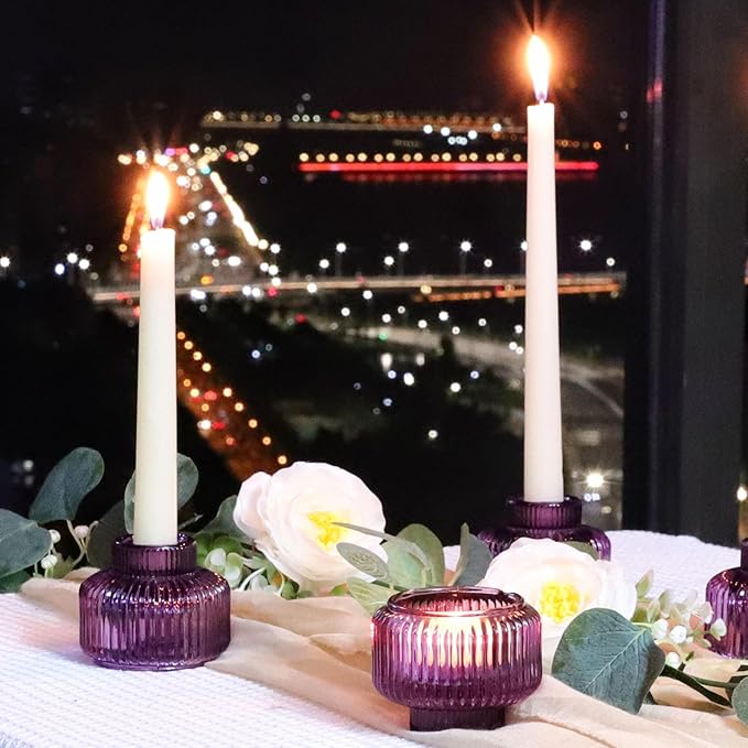 Woho Purple Candlestick Holders Set of 4 for Halloween Decorations, Ribbed Glass Taper Candle Holders for Thanksgiving/Christmas, Vintage Candle Sticks Holder Decor for Fall Wedding Table Centerpiece