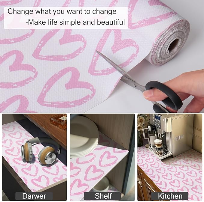 Heart Drawer Liner for Cabinets 16IN x 20FT, Shelf Liner Non-Adhesive and Strong Non-Slip Cabinet Drawer Liners for Kitchen, Table, Bookshelves, Waterproof Cupboard Liners, Pink