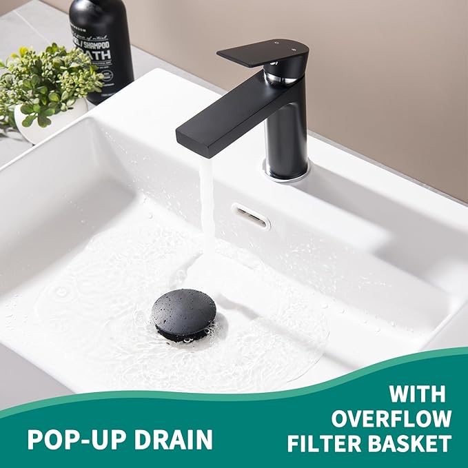 SevenGelok Black Sink Drain with Overflow Pop Up Sink Drain Stopper for Sink Faucet Vessel Vanity Bathroom Sink Drain Strainer with Hair Catcher Anti-Clog Strainer Matte Black, SD30-BK