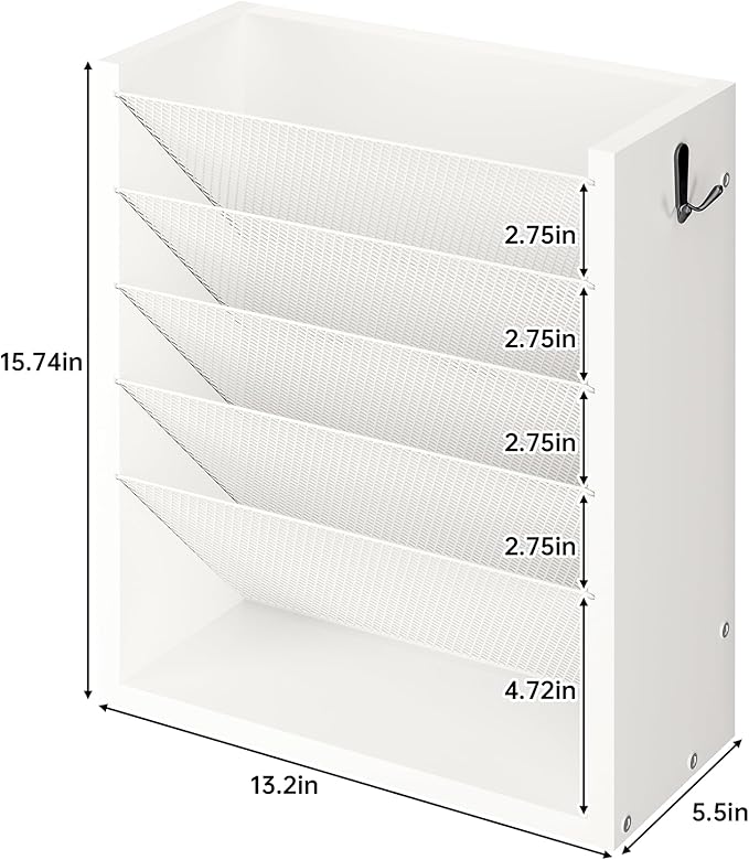 Creso hom Mail Organizer Wall Mounted, 6-Tier Wall File Organizer with 2 Hooks, Wooden Desk Organizer Magazine Holder with Bottom Flat Tray, for Office Home, White