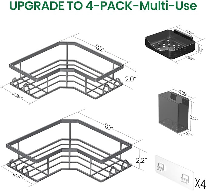 Adhesive Shower Caddy, 4 Pack Corner Bath Organizer, Rustproof Stainless Steel Shower Shelves with Large Capacity, No-Drill Shelves for Bathroom Storage, Home, Kitchen Decor (Dark Grey).
