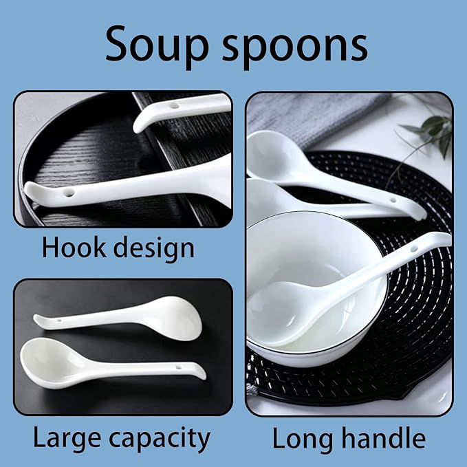 Soup Spoons,6.3"Ceramic Asian Soup Spoons, White Japanese Spoon Large for Ramen Pho Wonton Dumpling Miso,Hook Design, Set of 5