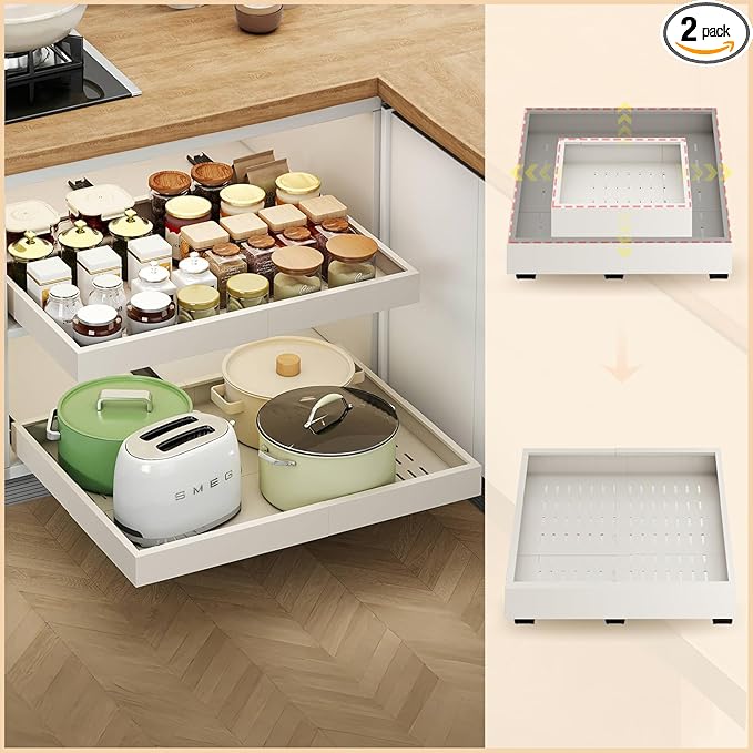 2Pc Pull Out Cabinet Organizer, Width (16"-21") and Depth (13"-17"), Expandable With 3 Rails, Cabinet Roll Out Drawers, Adjustable Slide Out Shelves for Kitchen and Pantry, for Cabinets Without Lip, White