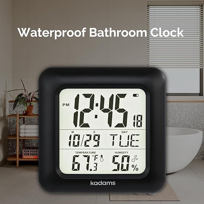 KADAMS Bathroom Clock 9.5" Kitchen Wall Clock with Large LCD Screen – Shower Clock with Suction Cup,Temperature, Humidity, Calendar – Water-Resistant, 4 Mounting Options, Black