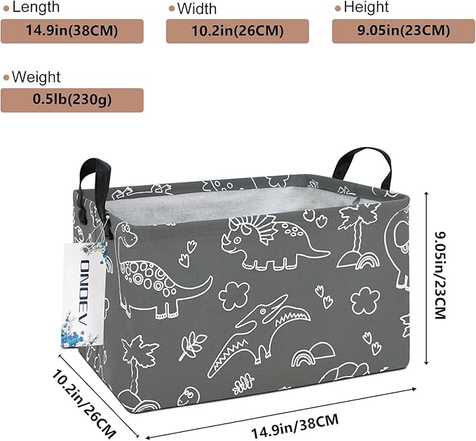 Rectangular Dinosaur Basket Waterproof Storage Bin Gift Box Children's Toy Organizer Box Room Decoration Basket (Gray Line Dinosaur)