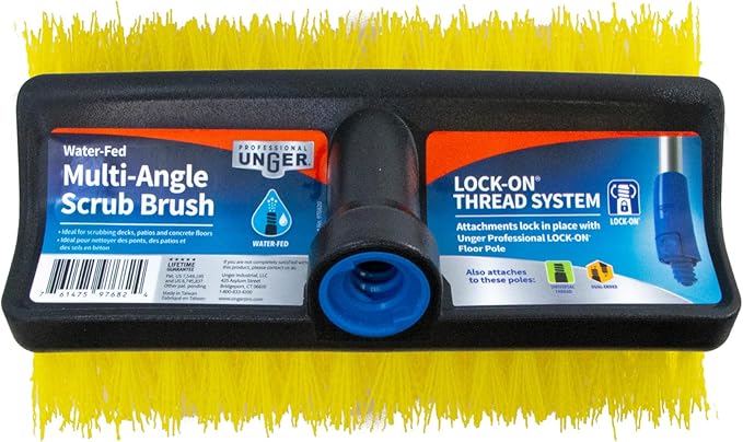 Unger Professional HydroPower Lock-On 10” Bi-Level Scrub Brush, Cleaning Supplies, Scrubber Tool, Compatible with Waterflow Poles, Use in Garage, Driveway, Deck, Concrete, Cement, and Brick