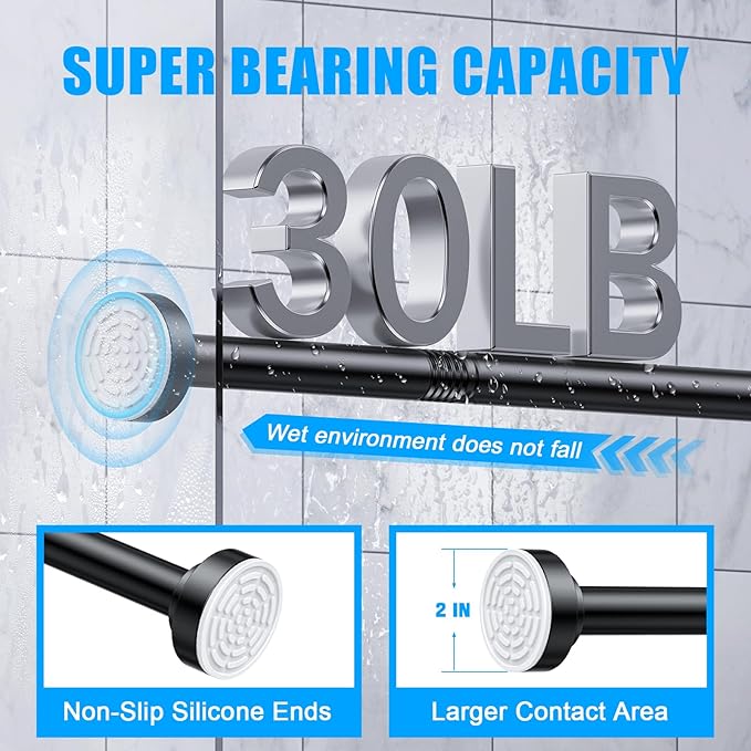 TEECK Shower Curtain Rod, 32-43 inch Adjustable Spring Tension Curtain Rod, Never Rust Anti-Slip Shower Curtain Rod for Bathroom, No Drilling, Never Collapse, Easy to Use, Black