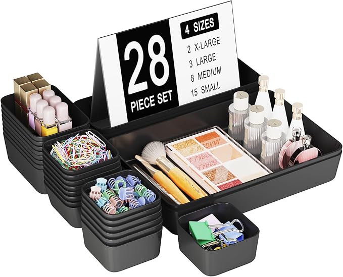 Homhut Plastic Drawer Organizers, 28 PCS Drawer Organizer Bins, Bathroom and Vanity Organizer Plastic Tray, Makeup Organizer and Storage for Makeup, Bedroom, Kitchen Gadgets Utensils, and Office