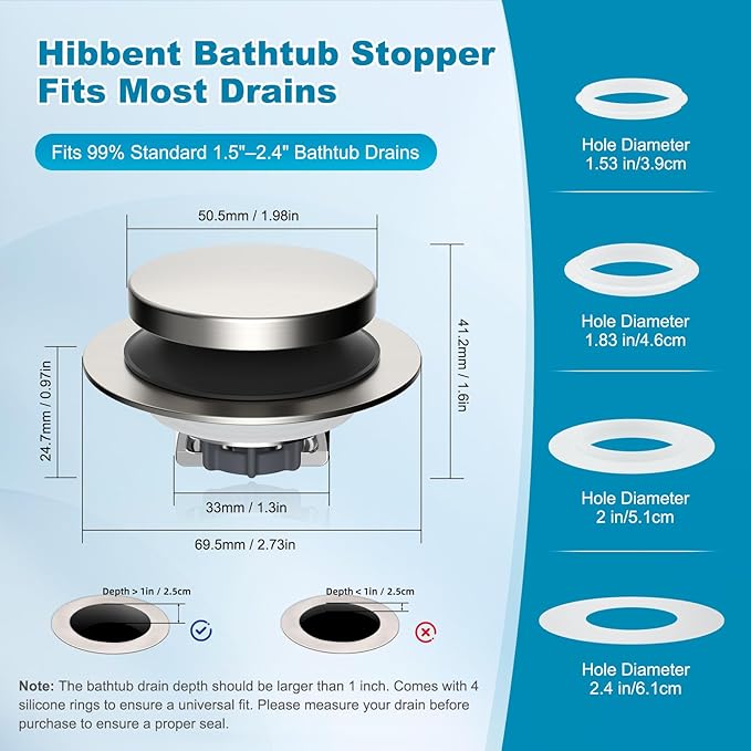 Hibbent 3 in 1 Metal Bathtub Drain Stopper, Universal Pop Up Tub Stopper, Bathtub Drain Hair Catcher, Removable Filter Basket, Drain Plug for 1.5''~2.4'' Drain, Brass Bullet Core, Brushed Nickel