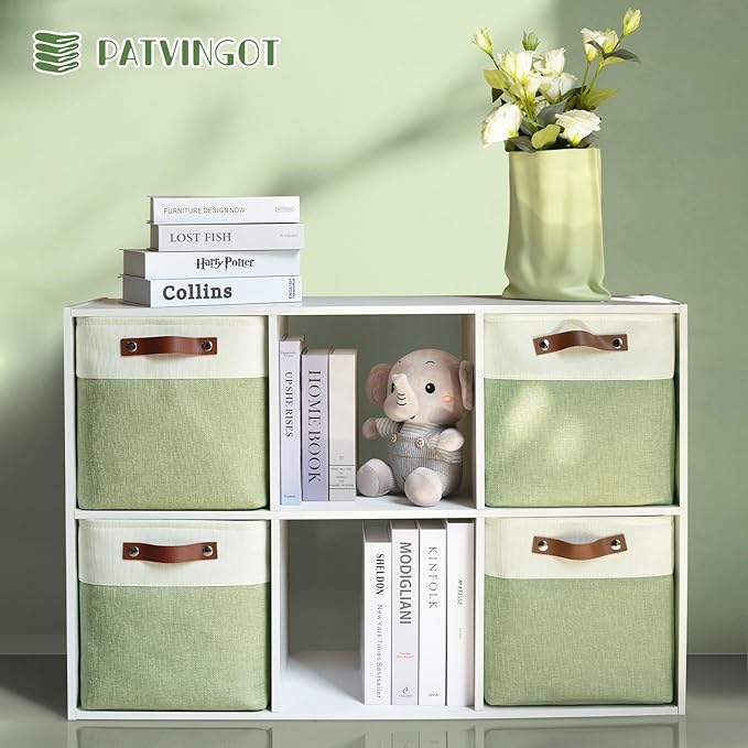 Patvingot 4-Pack Foldable Fabric Storage Cubes 11x11 Inch, Sturdy Cube Organizer Bins with Leather Handles, Storage Baskets for Closet Shelves and Home Organization (White/Green)