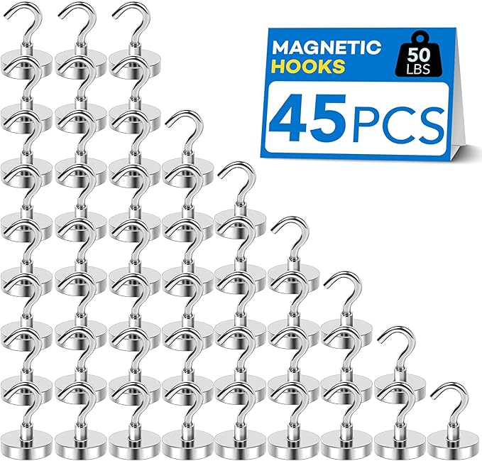 LOVIMAG Magnetic Hooks Heavy Duty 45Pcs, 50lbs Magnets Hook for Cruise Cabins, Magnets with Hooks for Cruise Ship Essentials, Neodymium Refrigerator Magnet for Fridge, Ceiling, Locker Accessories