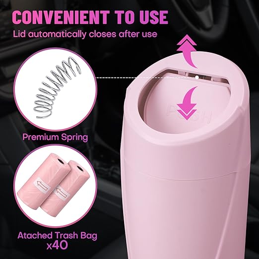 SGLRT Car Trash Can Bin with Lid - 2 Packs Car Garbage Can Cup Holder - Pink Mini Leakproof Vehicle Garbage Bin with 40pcs Trash Bags-Automobile Organizers and Storage for Front Back Seat Accessories