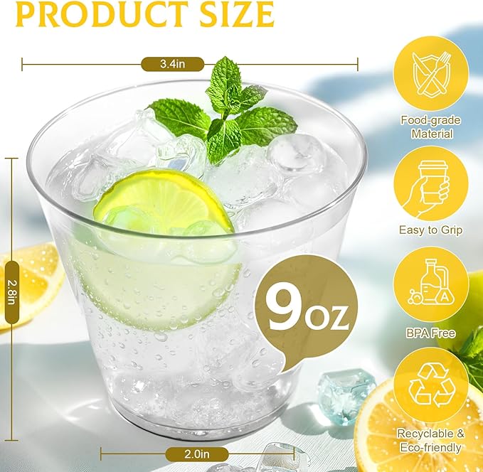 150 Pack Plastic Cups 9 oz Clear Plastic Cups for Cocktail Fancy Disposable Cup for Party Stemless Wine Glasses for Party Wedding Graduation