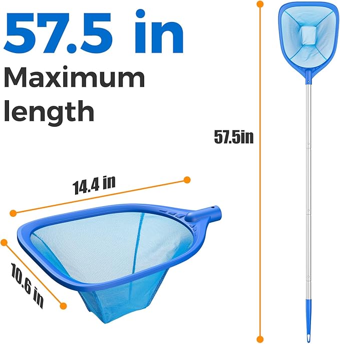 Mowend Swimming Pool Skimmer Net Total Length 57 inches, Leaf Rake Net with 4 Section Telescopic Aluminum Pole for Fast Cleaning Ponds, Hot Tub, and Spas, Pool Cleaner Supplies and Accessories