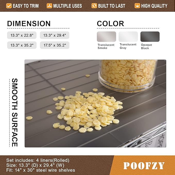 Poofzy Wire Shelf Liner 14" X 30", Non-Adhesive Plastic Shelf Liners for Wire Shelving, Waterproof Protector Mats (4PK, Gray)