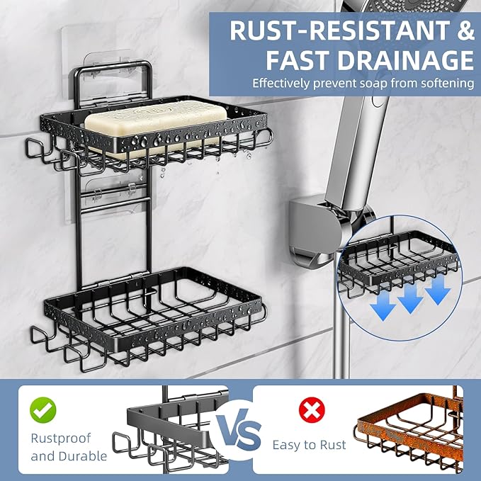 Soap Holder, Double Bar Soap Holder Shower Stainless Steel, Soap Dish for Shower Wall with Hooks and Razor Holders, Soap Tray Self Adhesive for Bathroom Bathtub Accessories Organizer